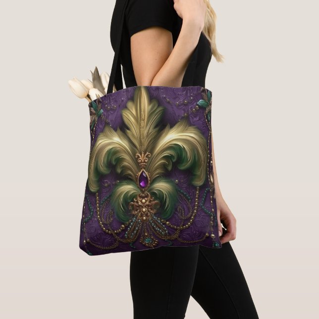 LILA MED GRÖNT & GULD MARDI GRAS FLEUR DI LIS TYGKASSE (Närbild)