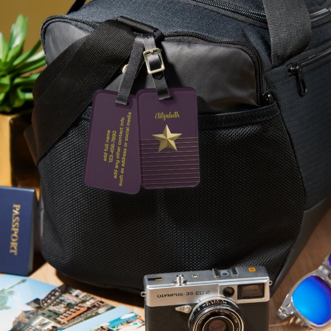 Lila med Guld Star Luggage Tag Bagagebricka (Fram & Baksida)