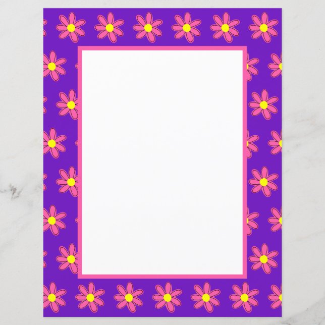 Lila med Rosa Flowers Stationery Papper (Framsida)