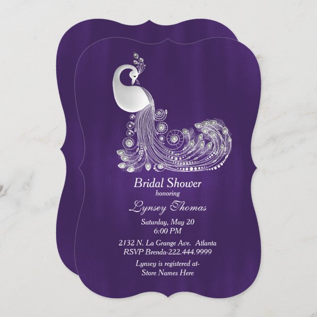 Lila med White Peacock Möhippa Inbjudningar (Fram/baksida)