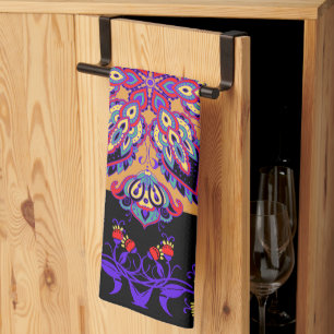 Lila Mehndi Blommigt Artwork, Violet Nature Kökshandduk