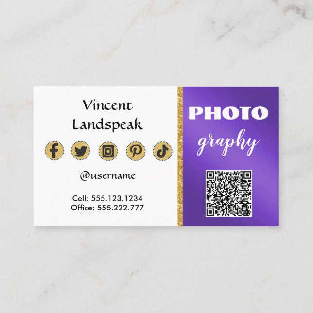 Lila Metallic Guld Glitter QR-kodfoto Visitkort (Framsida)
