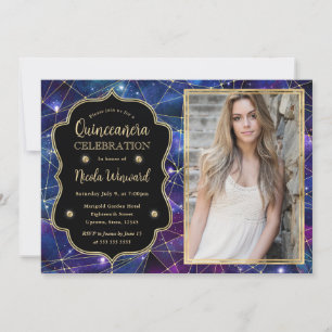 Lila Midnatt Kristall Galax Quinceanera foto Inbjudningar