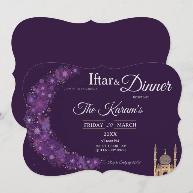 Lila Minimal Moske Ramadan Iftar-fest  Inbjudningar (Fram/baksida)