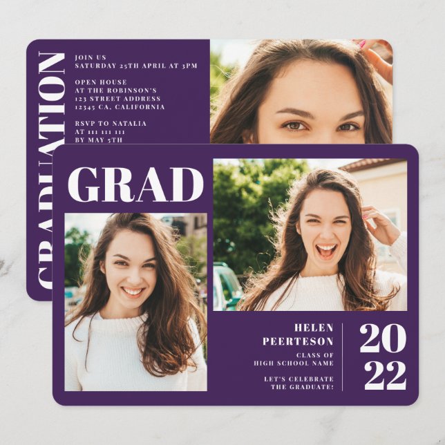 Lila minimalist, moderna 3 foton studenten inbjudningar (Fram/baksida)