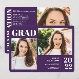 Lila minimalist, moderna 3 foton studenten inbjudningar