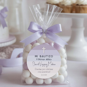 Lila Minimalistisk baptism och första födelsedag Runt Klistermärke