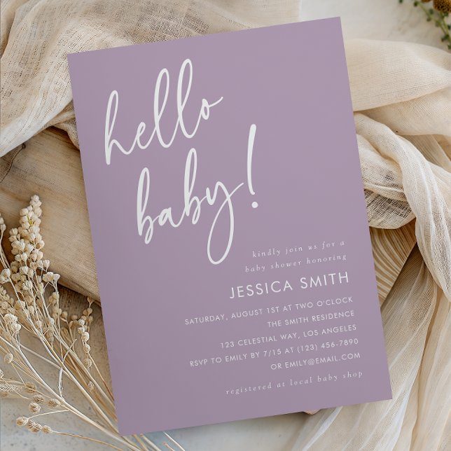 Lila Minimalistisk Boho Hej Bebis Baby Shower Inbjudningar (Skapare uppladdad)