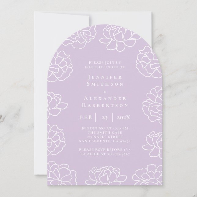 Lila Minimalistisk Botanisk Bröllopsinbjudan Inbjudningar (Framsida)