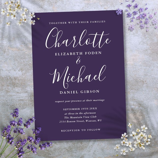 Lila minimalistisk elegant script bröllop inbjudningar (Purple Minimalist Elegant Script Wedding Invitation)