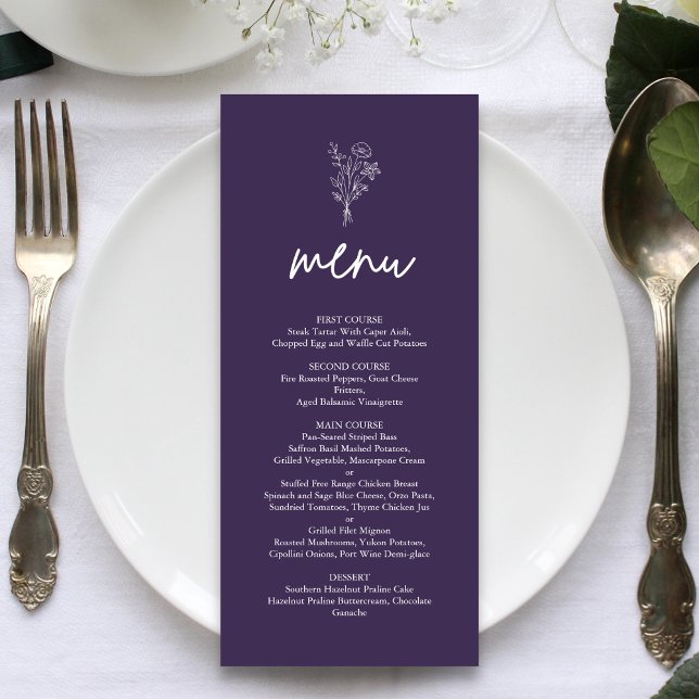 Lila minimalistiska botaniska terrakotta bröllop meny (Purple botanical wedding menu adds romantic charm while showcasing your dishes beautifully)