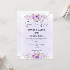 Lila minimalistiskt blommande bröllop Spara datume Inbjudningar