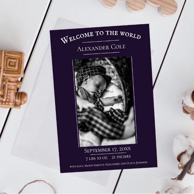 Lila - minimalistiskt meddelande om fotofödelse (Purple Minimalist Photo Birth Announcement)