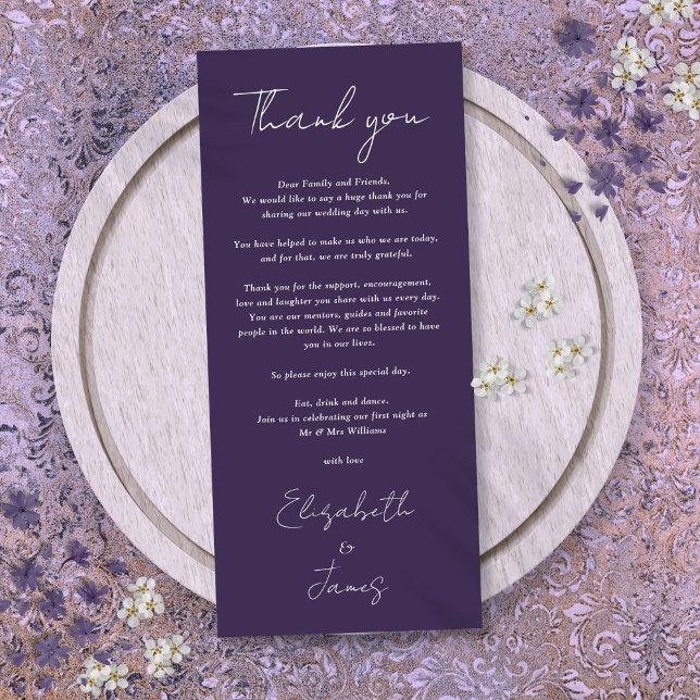 Lila Minimalistkort för Tack Bröllop Meny (Purple Minimalist Wedding Thank You Place Card)