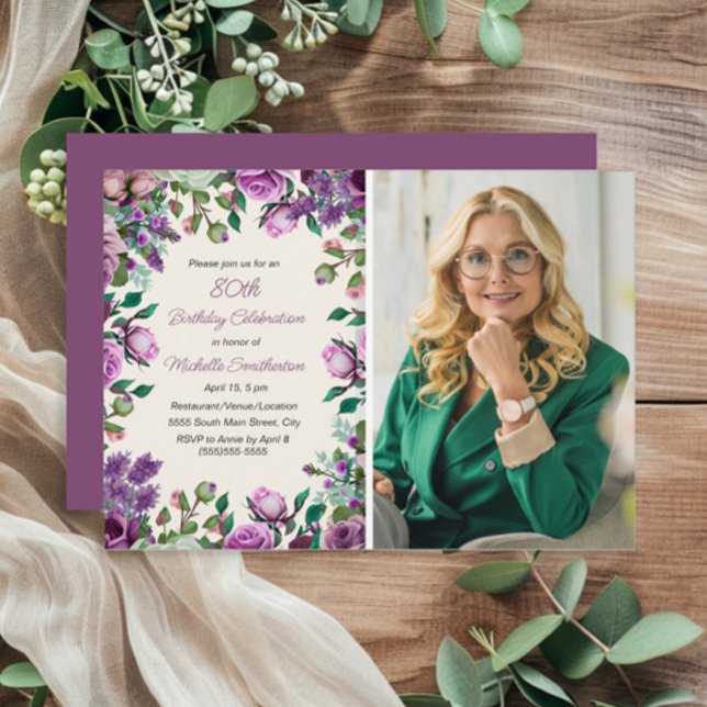 Lila Mint Grön Blommig 80-års Födelsedagsfoto  Inbjudningar (Purple floral and mint green leaves 80th birthday photo invitation)
