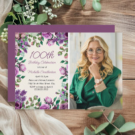 Lila Mint Grönt Blommigt 100th Birthday Photo Inbjudningar