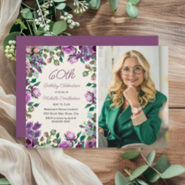 Lila Mint Grönt Blommigt 60:e födelsedagsfoto Inbjudningar