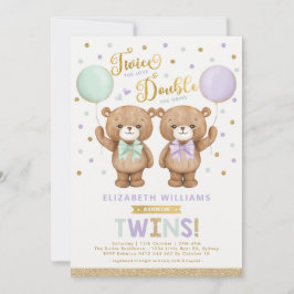 Lila Mint Nalle Balloon Twin Baby Shower Inbjudningar