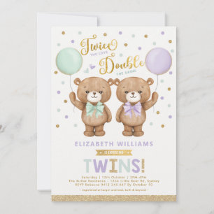 Lila Mint Nalle Balloon Twin Baby Shower Inbjudningar