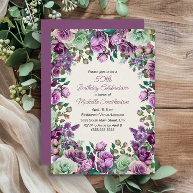 Lila Mintgrön Akvarell Blommig 50-årsdag Inbjudningar (Purple floral and mint green leaves 50th birthday invitation)