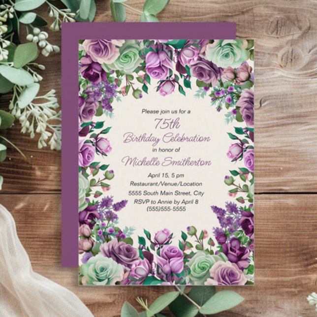 Lila Mintgrön Akvarell Blommig 75-årsdag Inbjudningar (Elegant purple and mint green women's 75th birthday party invitation)