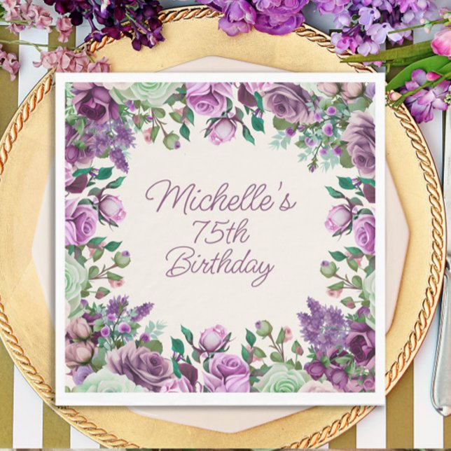 Lila Mintgrön Akvarell Blommig 75-årsdag Pappersservett (Purple floral birthday party paper napkins)