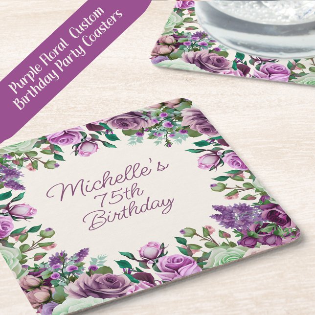 Lila Mintgrön Akvarell Blommig 75-årsdag Underlägg Papper Kvadrat (Purple floral and mint green leaves custom birthday party coaster)