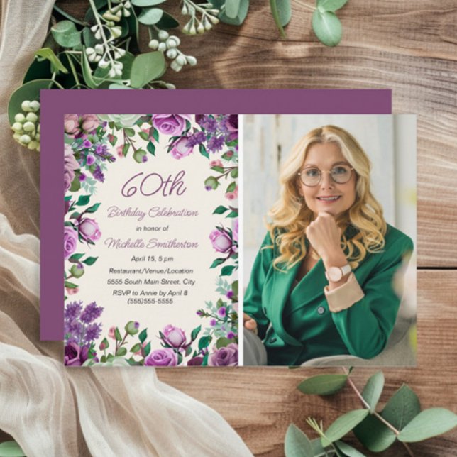 Lila Mintgrön Blommig 60-års Födelsedagsfoto  Inbjudningar (Purple floral and mint green leaves 60th birthday party photo invitation)