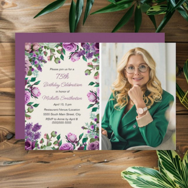 Lila Mintgrön Blommig 75-års Födelsedagsfoto  Inbjudningar (Purple watercolor floral and green leaves women's 75th birthday party photo invitation)