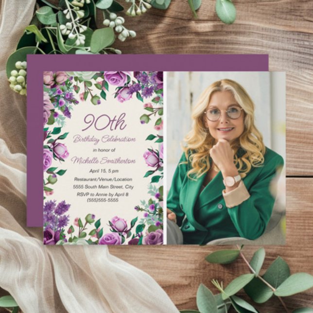 Lila Mintgrön Blommig 90-års Födelsedagsfoto  Inbjudningar (Purple floral and mint green foliage 90th birthday party photo invitation)