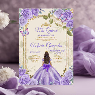 Lila Mis Quince 15 Anos Butterfly Guld Krona Inbjudningar