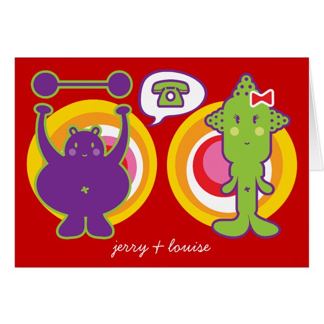 Lila & Miss Grönt Cute Tecknade figurer Hälsningskort (Framsidan Horizontal)