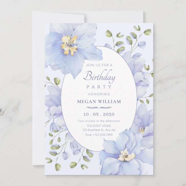 Lila mjuk blomningsblomma födelsedag inbjudningar (Framsida)