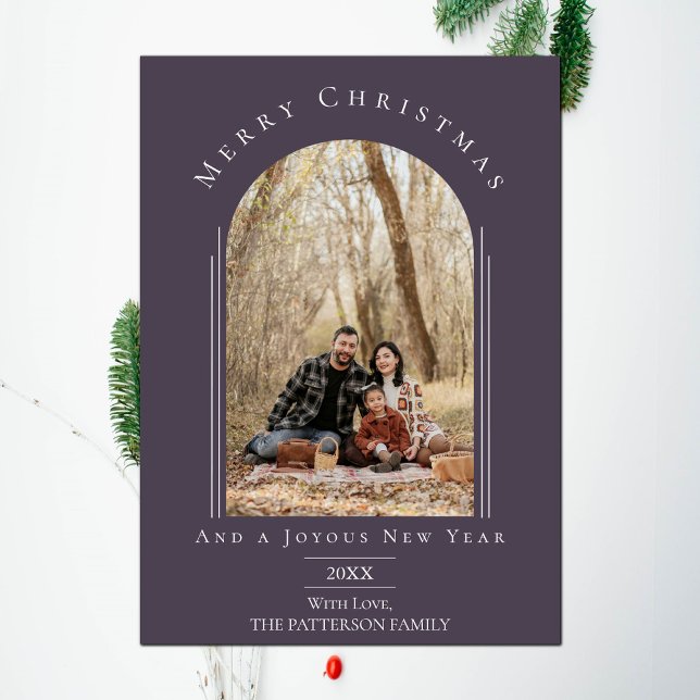 Lila Modern Arch Ram Helgdag-fotokort Julkort (Purple Modern Arch Frame Holiday Photo Card)