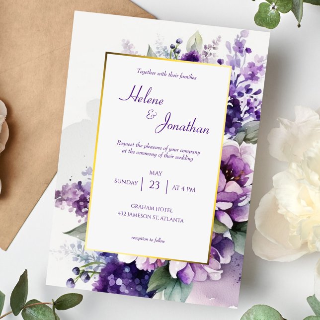 Lila Modern Chic Blommigt Elegant Boho Bröllop Inbjudningar (Skapare uppladdad)