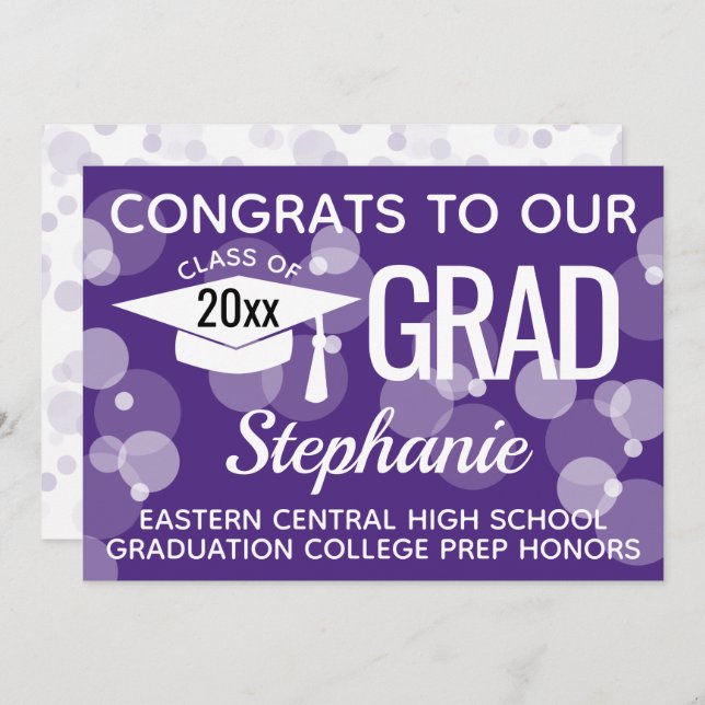 Lila Modern Confetti Bokeh Bubbles Studenten Inbjudningar (Fram/baksida)