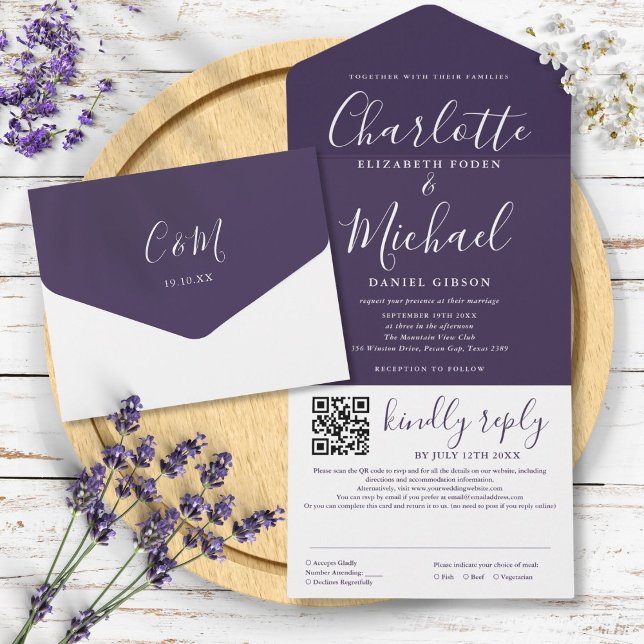 Lila Modern Elegant Skrift QR-kod Bröllop (Purple Modern Elegant Script QR Code Wedding All In One Invitation)