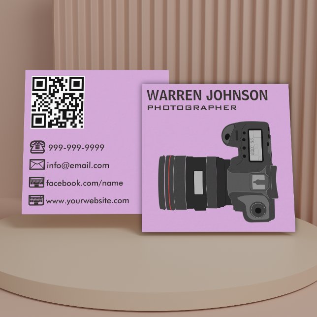 Lila Modern Fotograf QR-kod Fyrkantigt Visitkort (Skapare uppladdad)