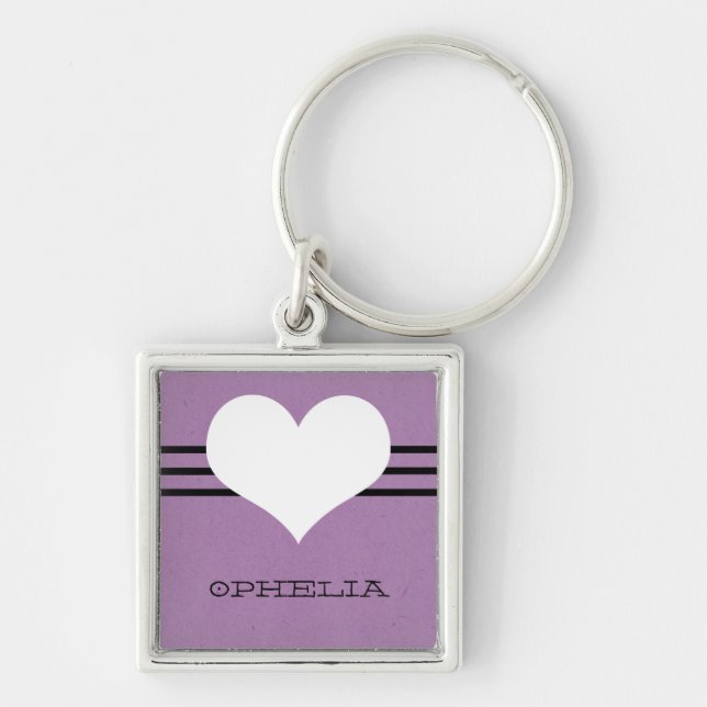 Lila Modern Heart Premium Keychain Fyrkantig Silverfärgad Nyckelring (Framsidan)
