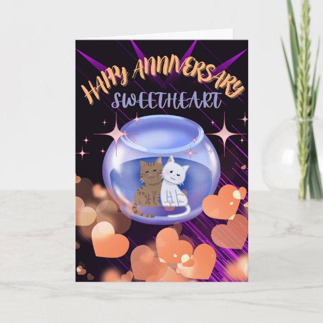 Lila Modern Neon Heart Cat Bröllop-årsdag Tack Kort (Framsida)