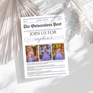 Lila modern Newspaper Quinceañera Inbjudningar