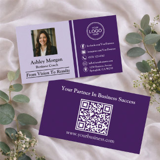 Lila Modern Professionell Anpassad Foto & QR-kod Visitkort