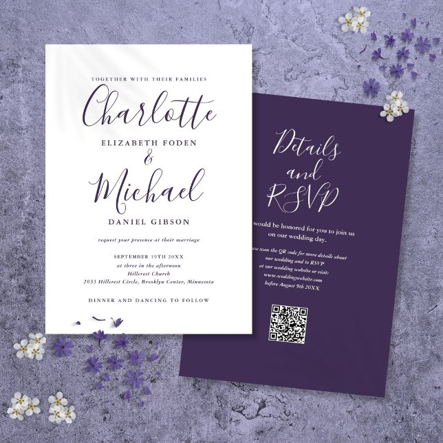 Lila Modern skript QR-kod Bröllop Inbjudningar (Purple Modern Script QR Code Wedding Invitation)