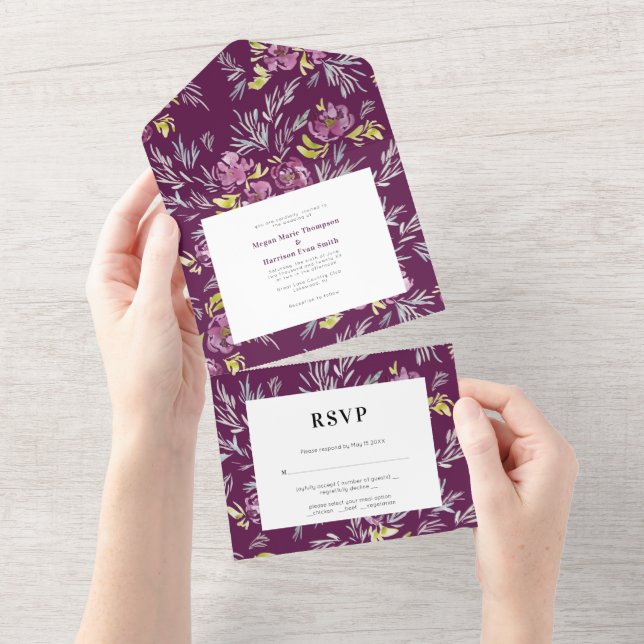Lila modern vattenfärg blomma bröllopsinbjudan (Tearaway)