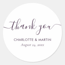 Lila modernt tackkort med skrivstil för bröllop runt klistermärke