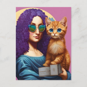 Lila Mona och hennes rödhåriga katt Vykort
