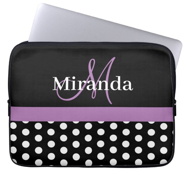 Lila Monogram Black White Polka Dot Laptop Fodral (Framsidan)