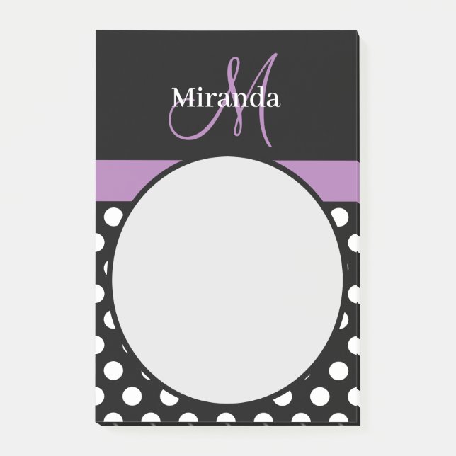 Lila Monogram Black White Polka Dot Post-it Block (Framsida)
