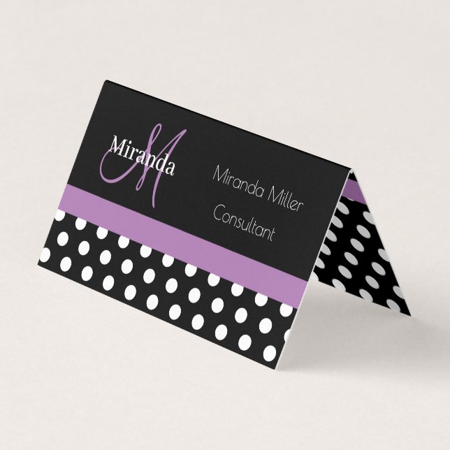 Lila Monogram Black White Polka Dot Visitkort (Framsida)