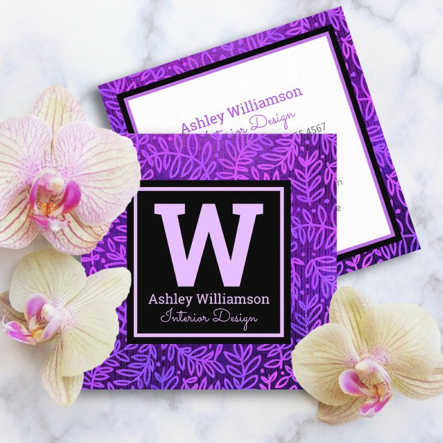 Lila monogram blad mönster botanisk modern djärv fyrkantigt visitkort (Skapare uppladdad)